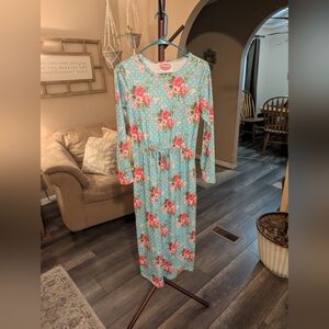 Women’s Floral Maxi Dress with Drawstring Waist - Teal With Pink Flowers